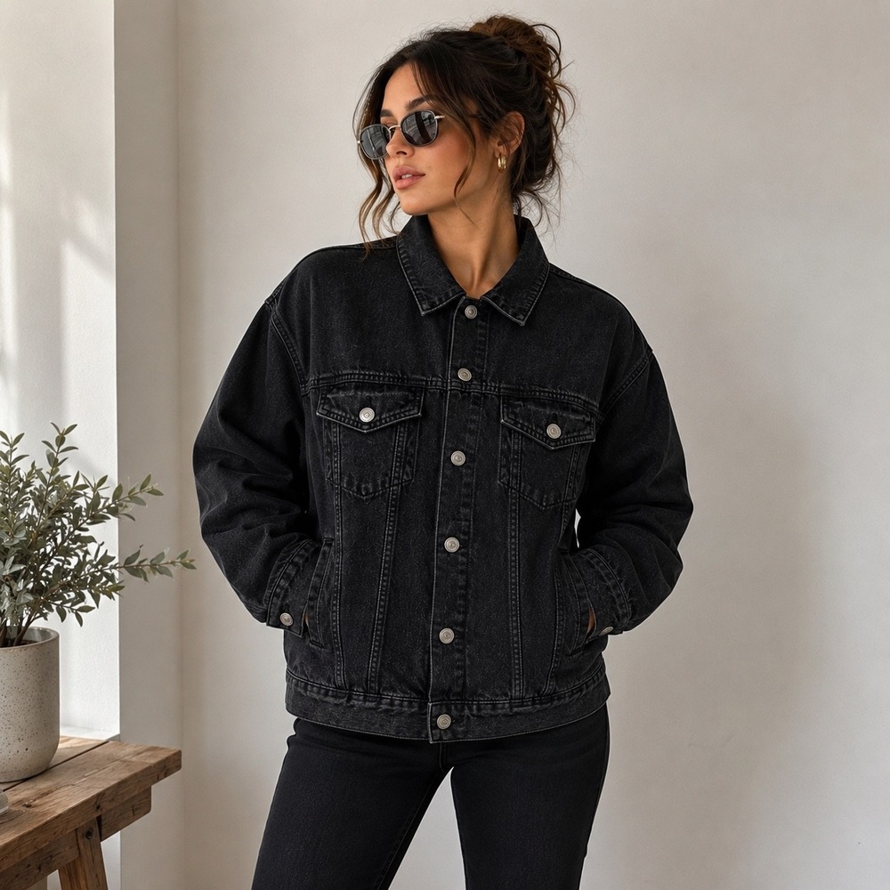 Cotton On Black Denim Trucker Jacket Oversized Relaxed Fit Women's US 6 - Picture 2 of 14